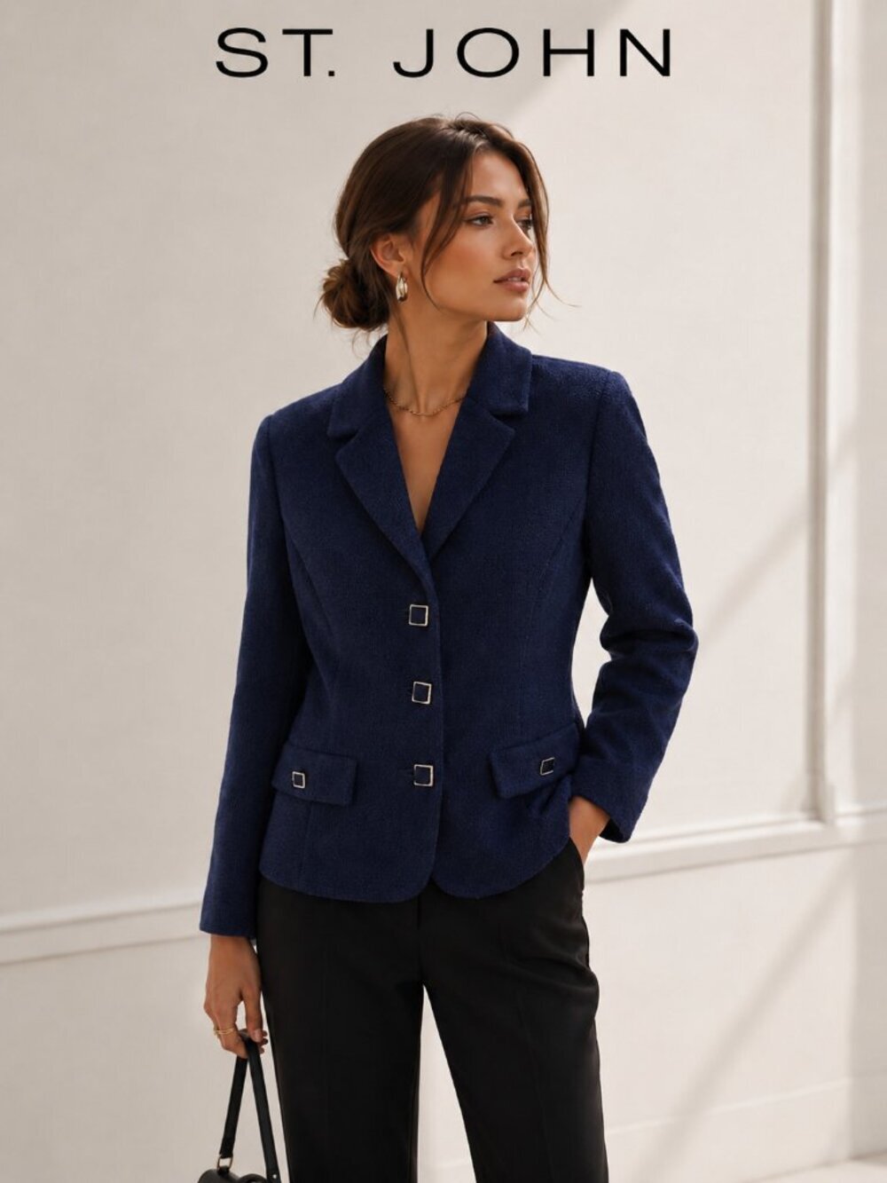 St. John Basics Navy Knit Blazer Jacket Women Size 6 USA Button Front Career